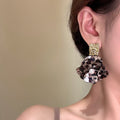 Leopard Print Flower and Pearl Drop Earrings in Two Colors view 2