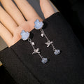 Blue Flower Bird and Crystal Look Chain Long Stud Earrings view 4