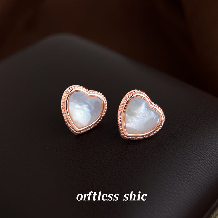 Rose Gold Beaded Heart Mother Of Pearl Stud Earrings Pair