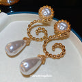 Gold Tone Spiral And Pearl Teardrop Stud Earrings With Crystals view 4