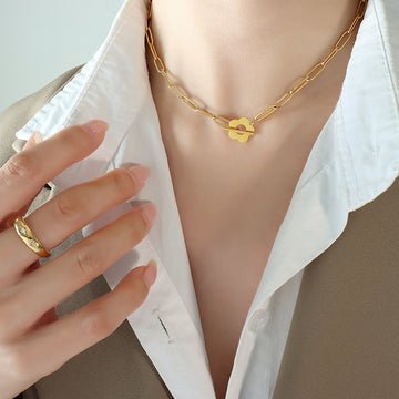 Flower OT Clasp Paperclip Chain Necklace and Bracelet
