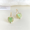 Light Green Enamel Monstera Leaf Stud Earrings Pearl view 4