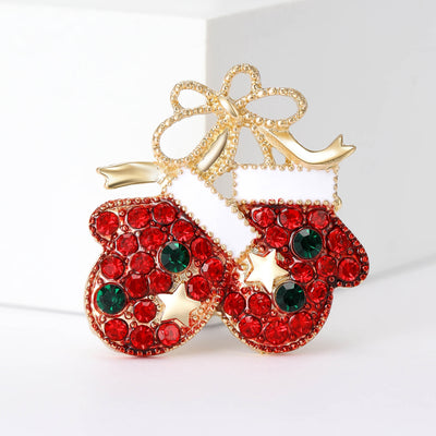 Red Rhinestone Mittens and Bow Brooch isolated front view