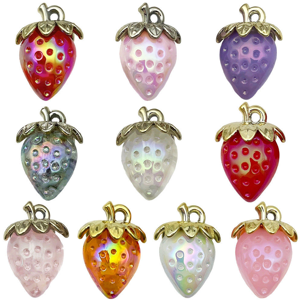 Iridescent Plated Transparent Acrylic 3D Strawberry Charm Pendant for Keychain Phone Strap Making