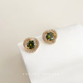 Olive Green Round Crystal Halo Stud Earrings Gold Tone view 3