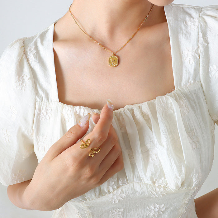Embossed Rose Square Pendant Necklace Gold Or Steel Tone