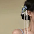 Blue or Yellow Floral Bow Hair Clip with Long Sheer Ribbon Tails view 6