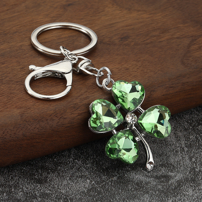 Rhinestone Four Leaf Clover Keychain with Colorful Cat Eye Stone Charm