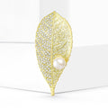 Gold Filigree Leaf Metal Brooch with Round Pearl Accent view 3