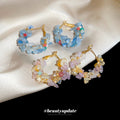 Purple And Blue Stone Chip Pearl Hoop Stud Earrings view 4