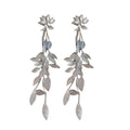 Silver Tone Layered Leaf Vine Long Drop Stud Earrings view 5