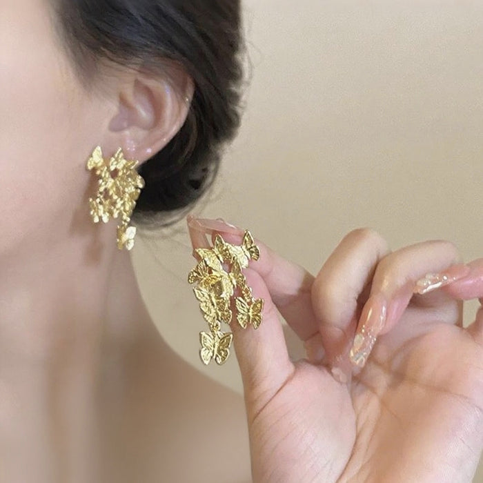 Textured Gold Butterfly Cluster Statement Stud Earrings