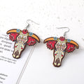 Silver Tone Western Cow Skull and Feather Acrylic Hook Earrings view 3