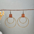 Brown Leather Square and Double Circle Hook Earrings view 4