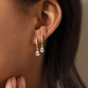 Gold Huggie Hoop Earrings Teardrop CZ Drop Dangle Pair