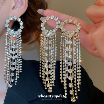 Crystal Circle Stud Earrings With Long Fringe Drops
