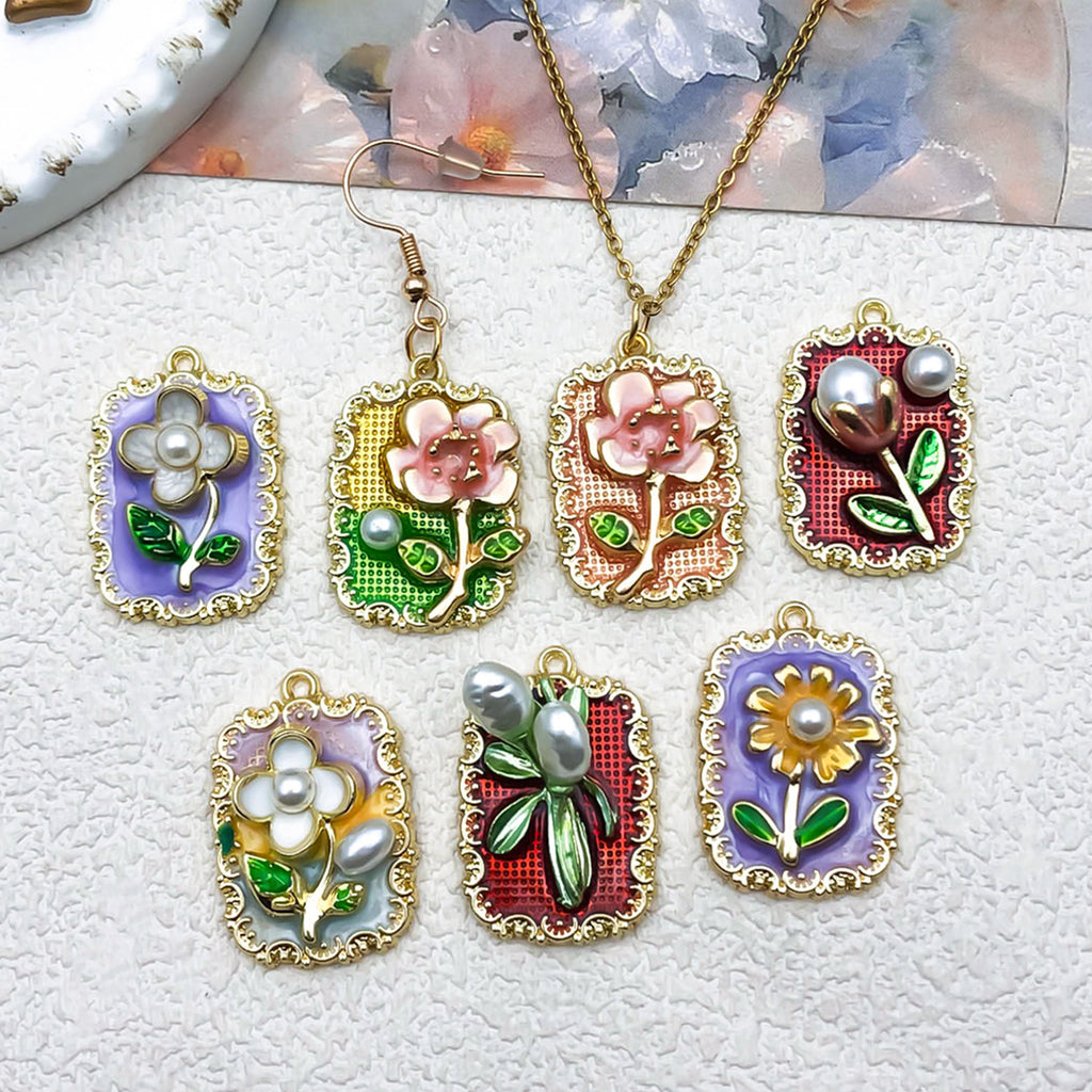 Zinc Alloy Enamel Flower Oil Painting Charm Pendant for DIY Earrings Necklace Jewelry