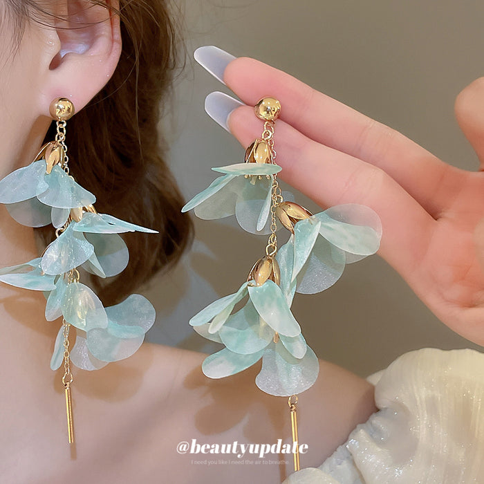 Sheer Petal Flower Cascade Long Drop Earrings in Four Colors