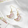 Gold Tone Crescent Moon Pressed Flower Drop Earrings in Eight Designs view 10