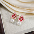 Peach and Blue Enamel Look Flower Pearl Drop Stud Earrings view 2