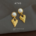 Gold Pearl Stud Textured Open Heart Drop Earrings Pair view 3