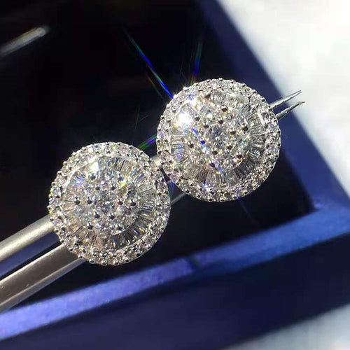 Round Pavé Stone Button Stud Earrings in Silver Tone shown in product close-up