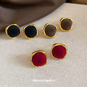 Velvet Square Stud Earrings in Black and Red with Metal Tone Details