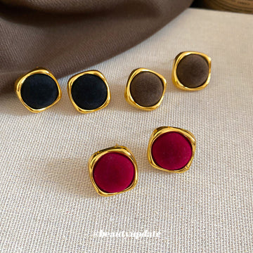 Velvet Square Stud Earrings in Black and Red with Metal Tone Details