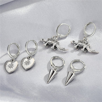 Silver Tone Cone Spike and Dinosaur Huggie Drop Earrings