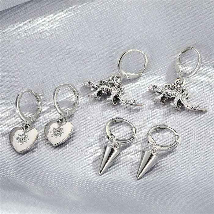 Silver Tone Cone Spike and Dinosaur Huggie Drop Earrings