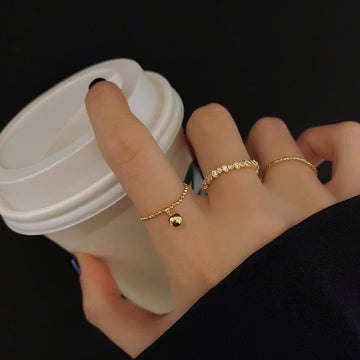 Gold Tone Three Piece Stacking Ring Set Ball Charm Crystal