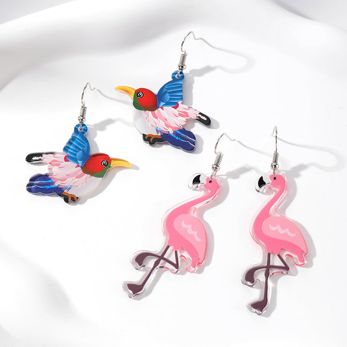 Silver Tone Colorful Bird Acrylic Novelty Hook Earrings
