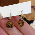 Brown Square Crystal Drop Earrings With Crystal Hoops view 3