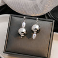 Asymmetric Silver Metal Ball White Pearl Drop Stud Earrings view 1