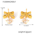 Gold Steel Textured Bow Square Zircon Drop Stud Earrings view 7