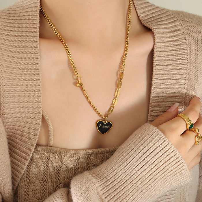 Forever Black Enamel Heart Mixed Chain Necklace Gold Steel