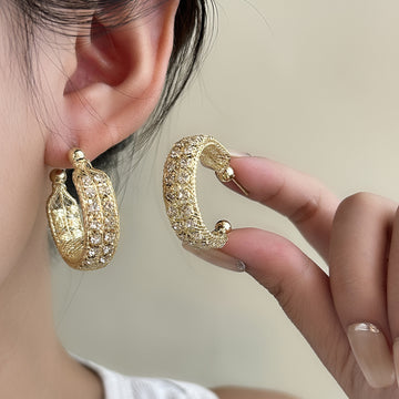 Crystal Look Textured Gold Tone Open C Hoop Earrings
