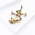 Two Enamel Birds on Gold Branch Brooch Pink Blossom Pin view 4