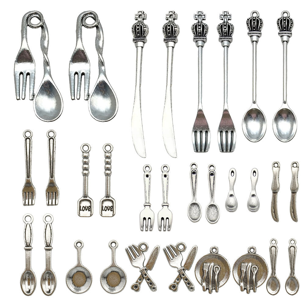 Antique Silver Zinc Alloy Spoon Fork Knife Tableware Charm Pendant for DIY Necklace Keychain