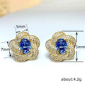 Gold Tone Blue Crystal Flower Stud Earrings Polished Metal Jewelry view 4