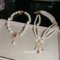 Layered Pearl Choker Necklace with Ornate Pink Crystal Pendant view 2