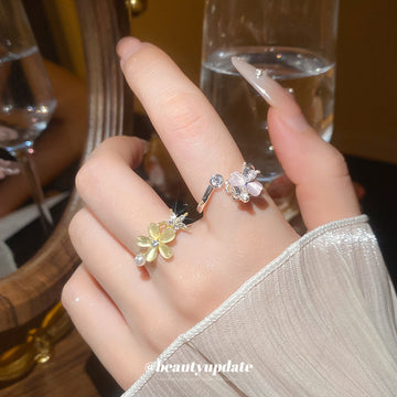 Cat Eye Flower Pearl Crystal Open Rings Gold Silver