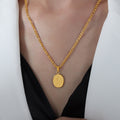Oval Embossed Flower Pendant Necklaces Gold Steel Figaro Rope view 6