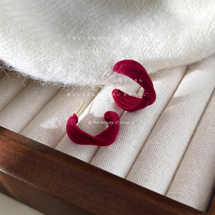 Wine Red Flocked Twisted C-Shape Hoop Stud Earrings Pair