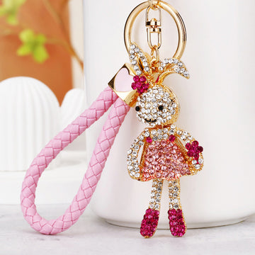 Long Legged Jeweled Rabbit Girl Keychain in a Crystal Dress