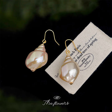 Gold Fishhook Iridescent Cream Conch Shell Drop Earrings