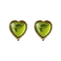 Gold Green Glass Heart Stud Earrings Textured Gold Rim view 5