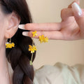 Yellow Flower Asymmetric Earrings with Pearl Look Accents view 3
