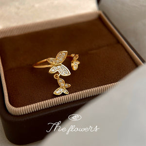 Gold-Plated Open Butterfly Ring, Brass Band With Clear Stones
