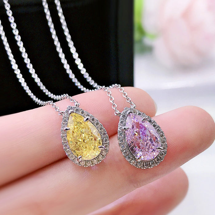 Pink and Yellow Teardrop Crystal Pendant Necklaces